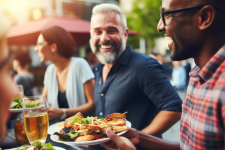 Happy middle-aged senior mature multi-ethnic interracial multiracial people friends celebration diverse men women group party smiling laughing friendship joy BBQ family diversity communication outdoorの素材