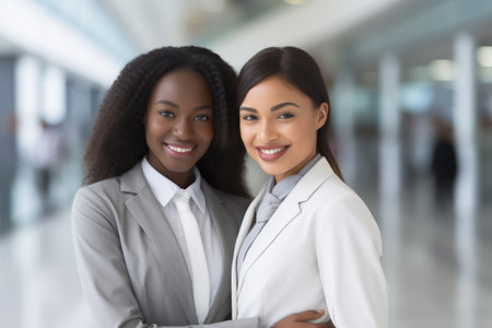 Two business people smiling multi-ethnic happy women colleagues mixed race co-workers standing together. Diversity happiness businesswomen diverse office job occupation female employees smileの素材