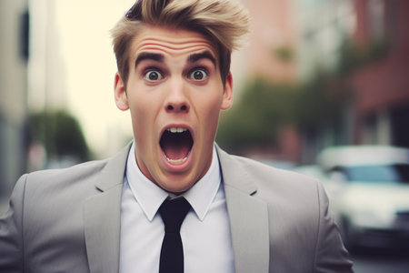 Shocked surprised victory success confused win scared person young businessman man manager european portrait city streets outdoors frightened terrified shock confusion surprise anxious worried anxietyの素材