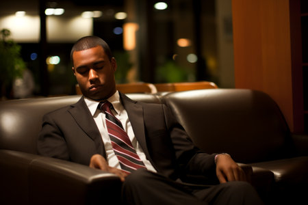 Sleepy tired sleeping person adult man african american office employee businessman manager boss exhausted exhaustion sitting couch entrepreneur overworked stress ceo occupation exhausted exhaustionの素材