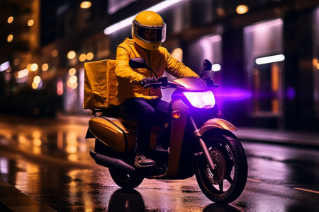 Food delivery courier person rushing motorcycle driving city streets uniform helmet order carrying black bags backpack mail service package postman delivering packages transportation service outdoorsの素材