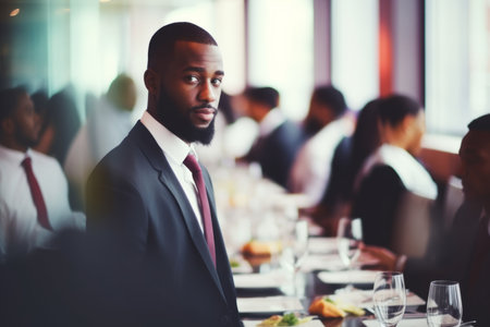 Concentrated planning passionate person man rich african american office business employee successful businessman in restaurante cafe meeting corporate event manager conference standing entrepreneurの素材