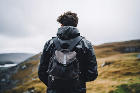 Person young man male walking traveling tourist tourism walk hike hiking route track path carrying bag backpack nature landscape shore mountains hills outdoors climber trekker back alone exploringの素材