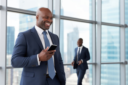 Smiling happy person adult man rich african american office employee successful businessman holding smartphone holds phone prosperous manager boss conference meeting standing entrepreneur business ceoの素材