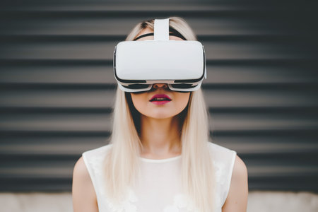 Young girl woman european female student use computer technology girl VR headset virtual reality goggles exploration metaverse modern advanced tech future progress playing cyber game experience gamingの素材