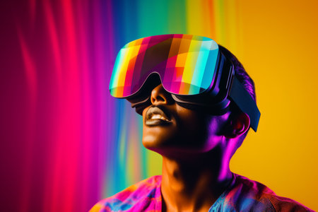 African american man guy student computer technology male VR headset virtual reality goggles exploration metaverse modern tech future progress playing cyber game experience gaming abstract backgroundの素材