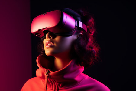 Young woman girl hispanic female student use computer technology girl VR headset virtual reality goggles exploration metaverse modern advanced tech future progress playing cyber game experience gamingの素材