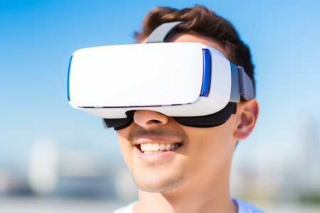Smiling european man guy use computer technology happy person wear VR headset virtual reality goggles exploration metaverse modern advanced tech future progress plays cyber game experience backgroundの素材