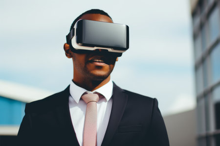 African american man guy businessman computer technology male VR headset virtual reality goggles exploration metaverse modern advanced tech future playing cyber game experience gaming backgroundの素材