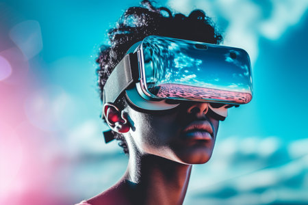 African american man guy student computer technology male VR headset virtual reality goggles exploration metaverse modern tech future progress playing cyber game experience gaming abstract backgroundの素材