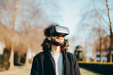 European man guy student outdoors use computer technology male wear VR headset virtual reality goggles exploration metaverse modern advanced tech future progress playing cyber game experience gamingの素材
