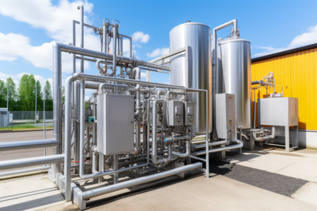 Biofuel storage green ecological biodiesel biogas gasoline gas fuel tanks grain silo tower wheat field agriculture chemical industry future consumption environmental ecology eco-friendly emissionsの素材