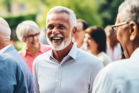 Happy multi-ethnic celebration diverse scientific conference elderly old man scientist laughing meeting people retreat party happiness smiling friendship joy enjoyment diversity communication outdoorsの素材