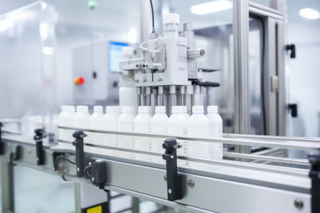 Vaccine production medicinal enterprise line vaccination laboratory factory bottle health care pharmacy science industry medicine scientific research virus cure assembly cure chemical biotechnologyの素材