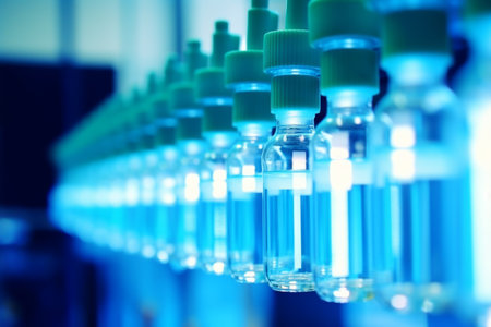 Vaccine production medicinal enterprise line vaccination laboratory factory bottle health care pharmacy science industry medicine scientific research virus cure assembly cure chemical biotechnologyの素材