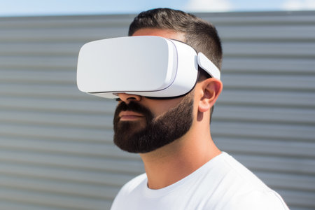 European man guy use computer technology person wear VR headset virtual reality goggles exploration metaverse modern advanced tech future progress plays cyber game experience abstract backgroundの素材