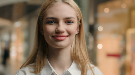 Close up portrait smiling Caucasian girl woman 20s young gen z lady shop assistant manager office worker female entrepreneur employee shopper consumer customer feminine client posing in shopping mallの写真素材