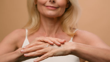 Middle-aged model mature woman apply smooth cream on hand in studio beige background female hands care rub moisturizing body lotion daily beauty treatment soft skin anti-aging cosmetics rejuvenationの写真素材