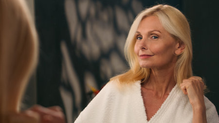 Happy Caucasian senior middle aged woman combing hair with hairbrush looking at mirror beautiful mature old lady brushing haircare in bathroom self care morning beauty routine natural cosmetic shampooの写真素材