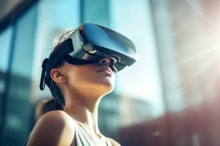 Woman girl student user computer technology female wearing VR headset virtual reality goggles exploration metaverse modern advanced tech future progress playing cyber game experience gaming outdoorsの素材