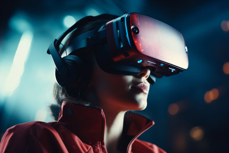 Woman girl student user computer technology female wearing VR headset virtual reality goggles exploration metaverse modern advanced tech future progress playing cyber game experience gaming outdoorsの素材
