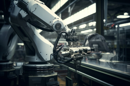 Precise robotic manipulator machine welding hand at factorys assembly line manufacturing process. Innovative advanced technologies robot arm helping people increase production factory effectivenessの素材