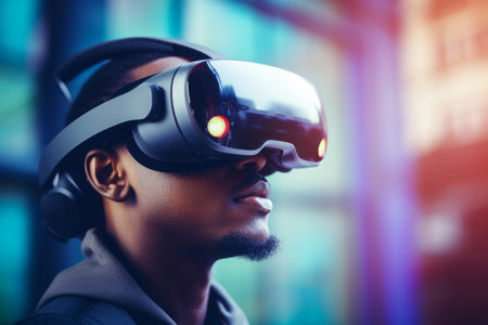 African American man guy user computer technology addict male wearing VR headset virtual reality goggles exploration metaverse modern advanced tech future progress cyber game experience outdoors cityの素材