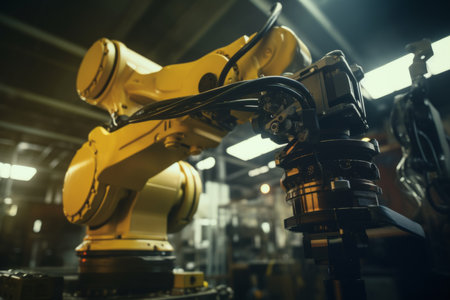 Precise robotic manipulator machine welding hand at factorys assembly line manufacturing process. Innovative advanced technologies robot arm helping people increase production factory effectivenessの素材