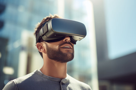 Man guy student user computer technology addict male wearing VR headset virtual reality goggles exploration metaverse modern advanced tech future progress playing cyber game experience gaming outdoorsの素材