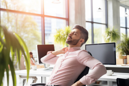 Sleepy smiling sleeping happy person satisfied successful adult man european office employee businessman manager boss relaxed relaxation sitting couch entrepreneur ceo occupation dreaming resting restの素材