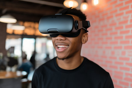 Smiling african american man happy guy student user computer technology male VR headset virtual reality goggles exploration metaverse modern tech future progress playing cyber game experience gamingの素材