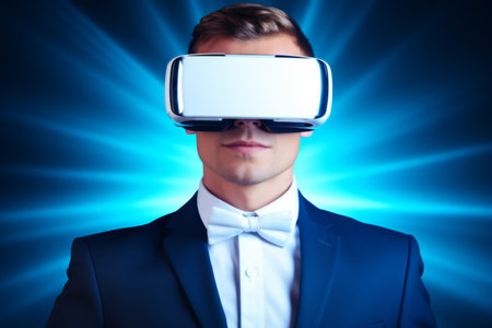 European man guy businessman computer technology male wear VR headset virtual reality goggles exploration metaverse modern advanced tech future progress playing cyber game experience gaming backgroundの素材