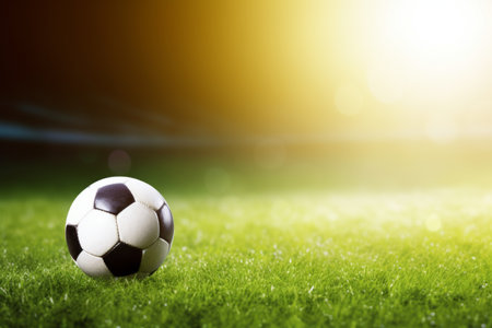 Soccer ball on ground grass stadium football game sport competition event championship match artificial green grass lawn grassy field outdoors calm empty sports ball isolated close-up backgroundの素材