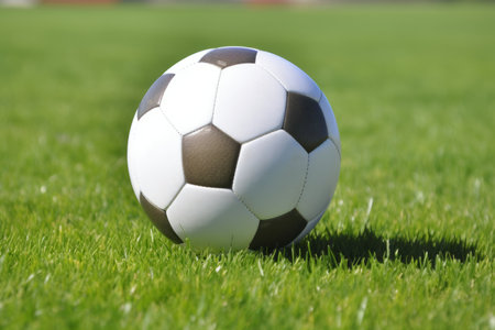 Soccer ball on ground grass stadium football game sport competition event championship match artificial green grass lawn grassy field outdoors calm empty sports ball isolated close-up backgroundの素材