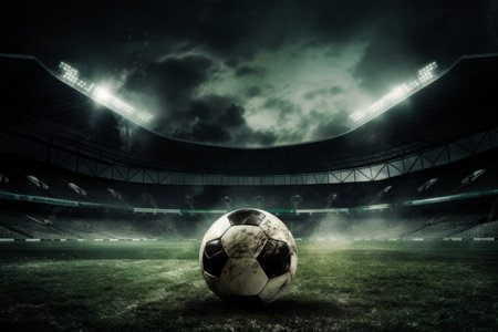 Soccer ball on ground grass stadium football game sport competition event championship match artificial green grass lawn grassy field outdoors calm empty sports ball isolated close-up backgroundの素材