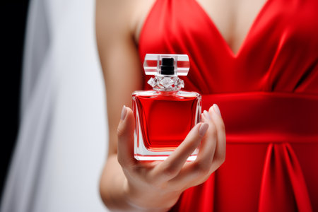Young woman with bottle of perfume aromatic liquid luxurious spray female beauty fashion style transparent glass bottled cosmetics aroma make-up beautiful stylish girl hand spraying applying perfumeの素材