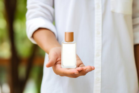 Young woman with bottle of perfume aromatic liquid luxurious spray female beauty fashion style transparent glass bottled cosmetics aroma make-up beautiful stylish girl hand spraying applying perfumeの素材