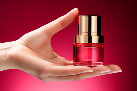 Young woman with bottle of perfume aromatic liquid luxurious spray female beauty fashion style transparent glass bottled cosmetics aroma make-up beautiful stylish girl hand spraying applying perfumeの素材