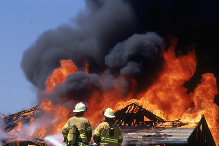 Firefighters extinguishing huge fire burning house industrial facility rescuing people fighting flames safety teamwork rescue spraying water firefighter service outdoors safety equipment protectionの素材