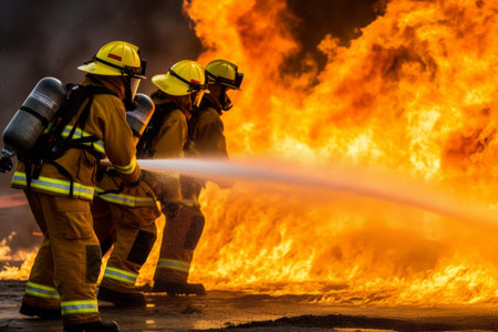 Firefighters extinguishing huge fire burning house industrial facility rescuing people fighting flames safety teamwork rescue spraying water firefighter service outdoors safety equipment protectionの素材