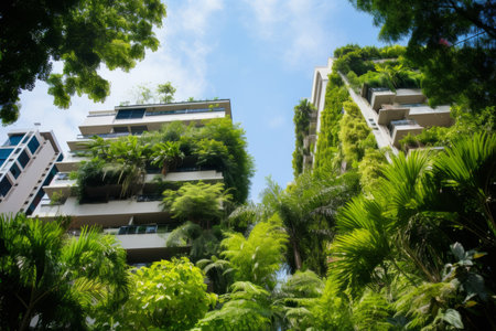 Green eco-friendly building modern ecological sustainable office design concept futuristic city architecture environmental project grass trees cover walls rooftop clean zero emissions vertical gardenの素材