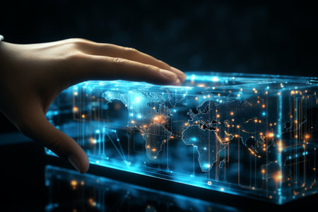 Users hands interacting futuristic technological holographic blue augmented reality user interface UI artificial intelligence abilities in daily life. Close-up human hand experience modern technologyの素材