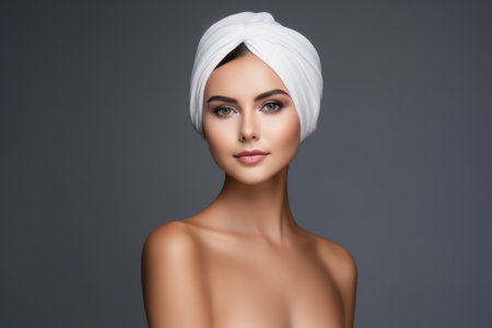 Beautiful young european woman skincare morning routine female lady taking care skin beauty moisturizing cream moisturizer cosmetics cosmetology face applying facial serum smooth natural skin make-upの素材