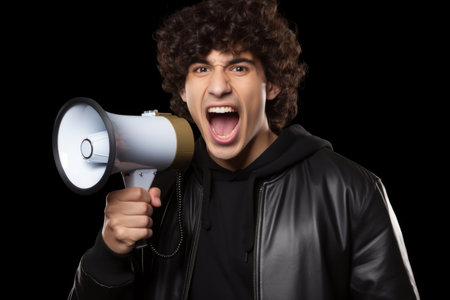 Young angry european man shouting to megaphone phone makes loud announcement adult male voice advertisement ad screaming microphone mouth speech anger furious person arguing authority opinion speakerの素材