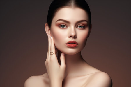 Beautiful young european woman skincare morning routine female lady taking care skin beauty moisturizing cream moisturizer cosmetics cosmetology face applying facial serum smooth natural skin make-upの素材