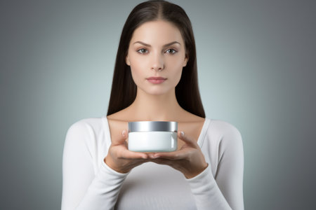 Beautiful young european woman holds jar with skincare cream morning routine female lady takes care skin beauty moisturizer cosmetics cosmetology face applying facial serum smooth natural skin make-upの素材