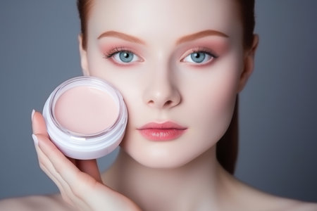 Beautiful young european woman holds jar with skincare cream morning routine female lady takes care skin beauty moisturizer cosmetics cosmetology face applying facial serum smooth natural skin make-upの素材