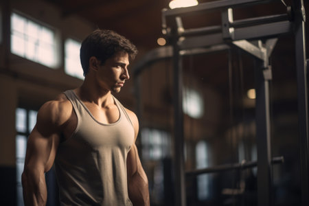 Strong athletic European Caucasian man doing bodybuilding in gym masculine guy on workout bodybuilder working out exercising male fitness sport trainer training athletic body heavy metal equipmentの素材