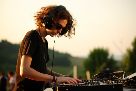Young person dj mixing music concert musical party evening rave cheerful expressive student teenager studio sound operator playing fun headphones audio turntable dancing enjoyment event celebrationの素材