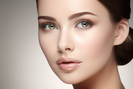 Beautiful young european woman skincare morning routine female lady taking care skin beauty moisturizing cream moisturizer cosmetics cosmetology face applying facial serum smooth natural skin make-upの素材